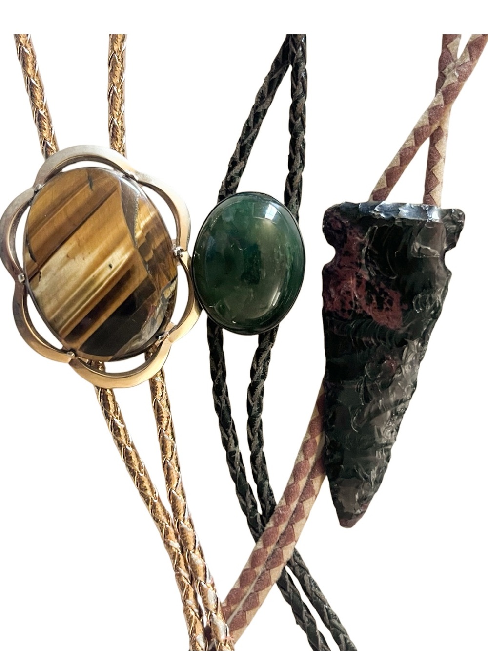 Lot of 3 Vintage Western Bolo Ties Tiger Eye, Green Cabochon, Obsidian Arrowhead